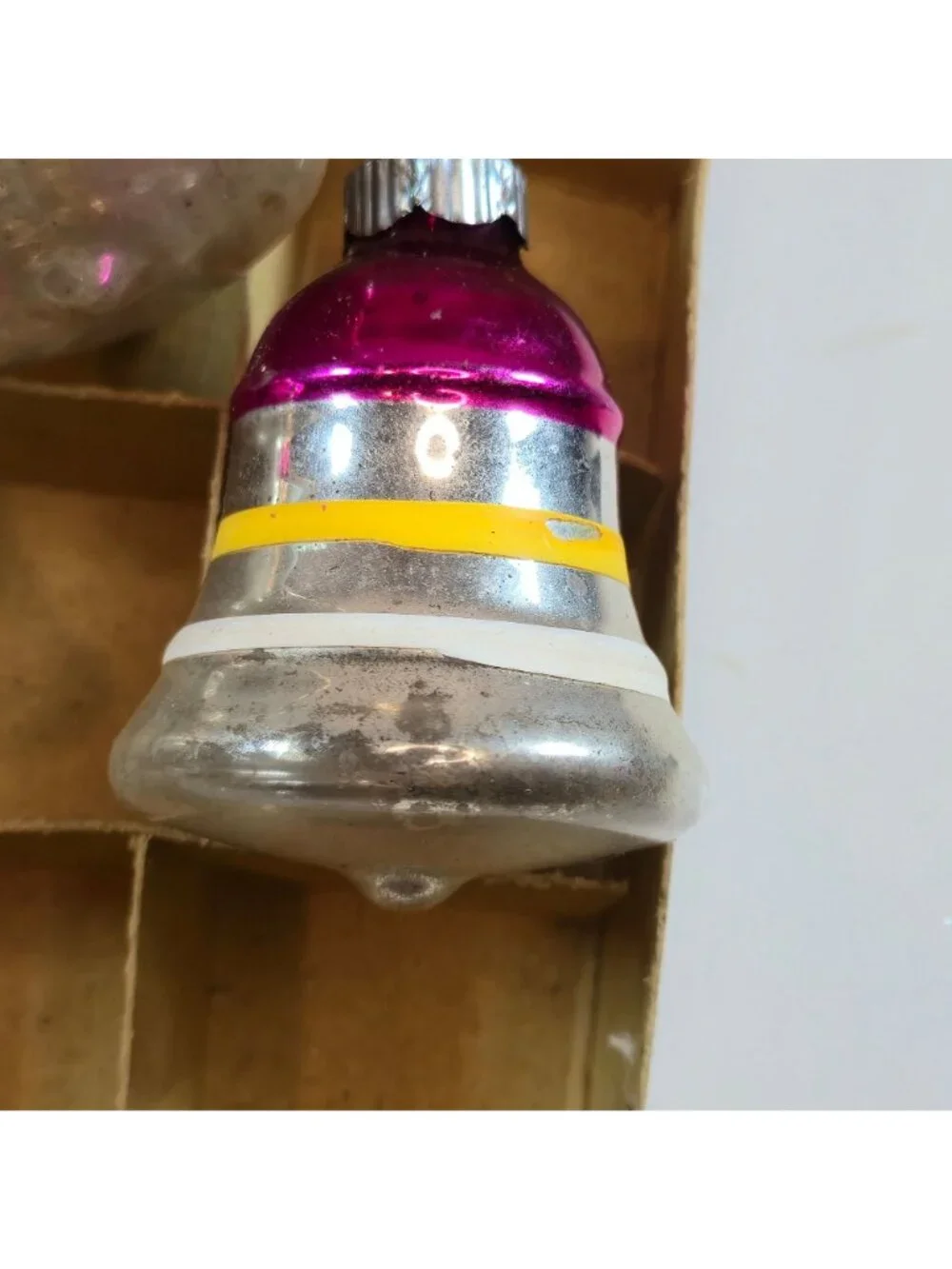 Vintage Shiny Brites Bell Ornaments lot of 3 Mercury Glass pink yellow silver